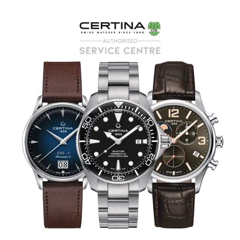 Centre de service agréé Certina présentant des montres Certina emblématiques