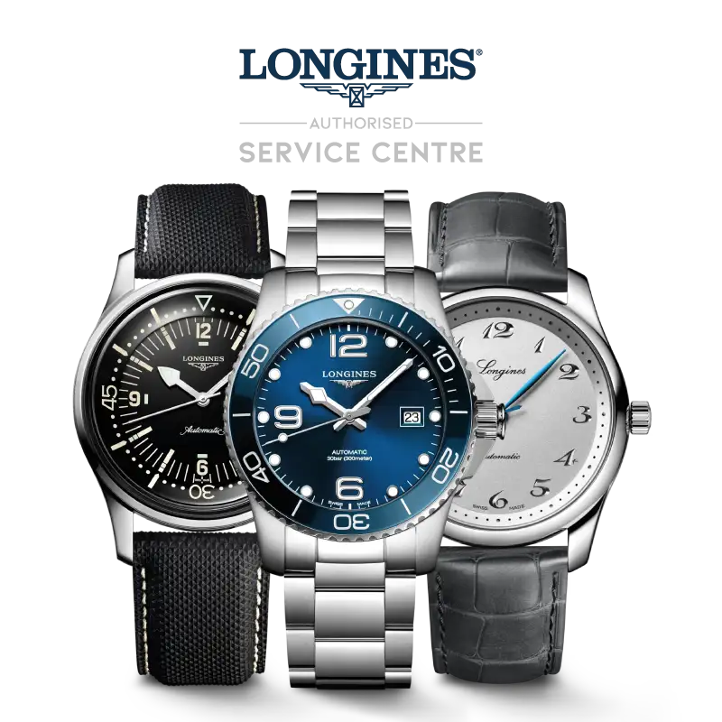 Three iconic Longines watches in front of the Authorized Service Centre logo