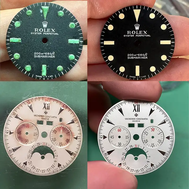 Comparaison avant et après restauration de cadrans Rolex et Vacheron Constantin à Genève