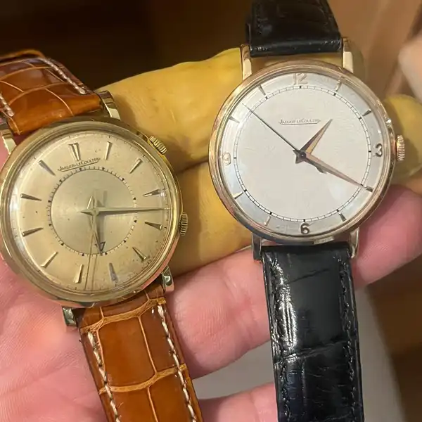Montres Jaeger-LeCoultre vintage classiques Deux montres Jaeger-LeCoultre vintage restaurées – boîtiers or rose et cuir