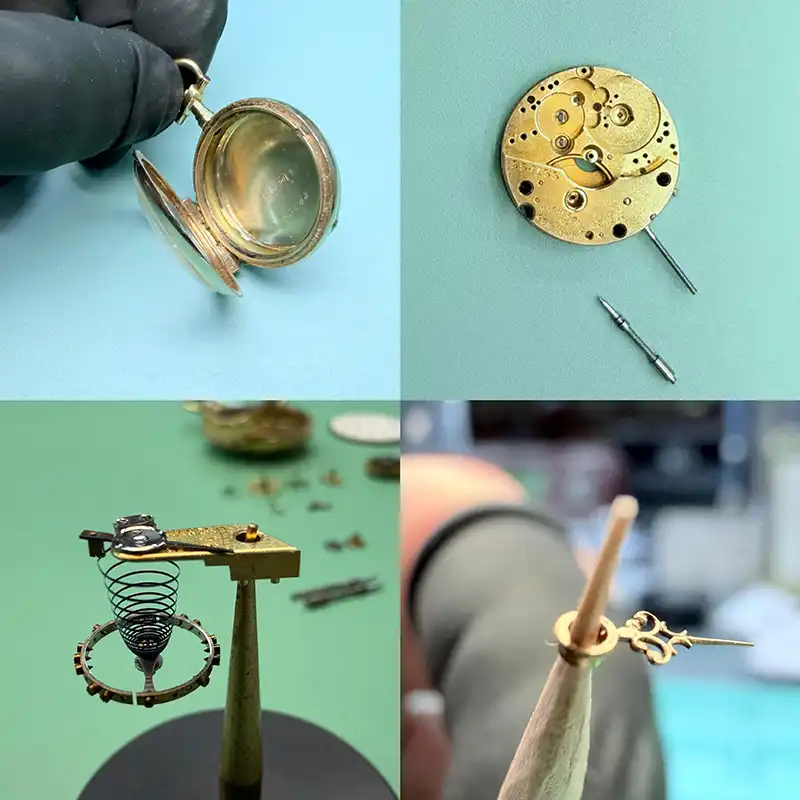 pièces de montre à gousset ancienne démontée pour restauration dans un atelier horloger à Genève